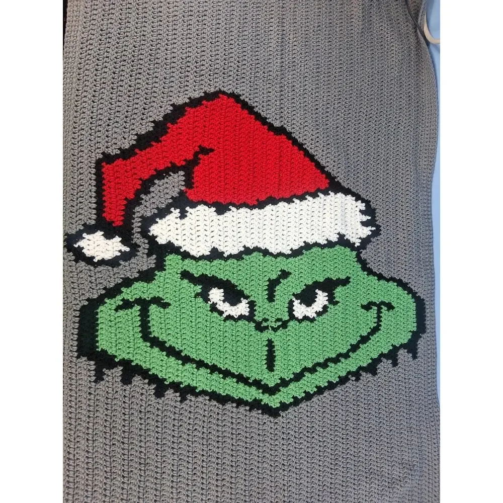 Handmade Crocheted Grinch Blanket 48 × 28 Green Grey Christmas Playful Winter